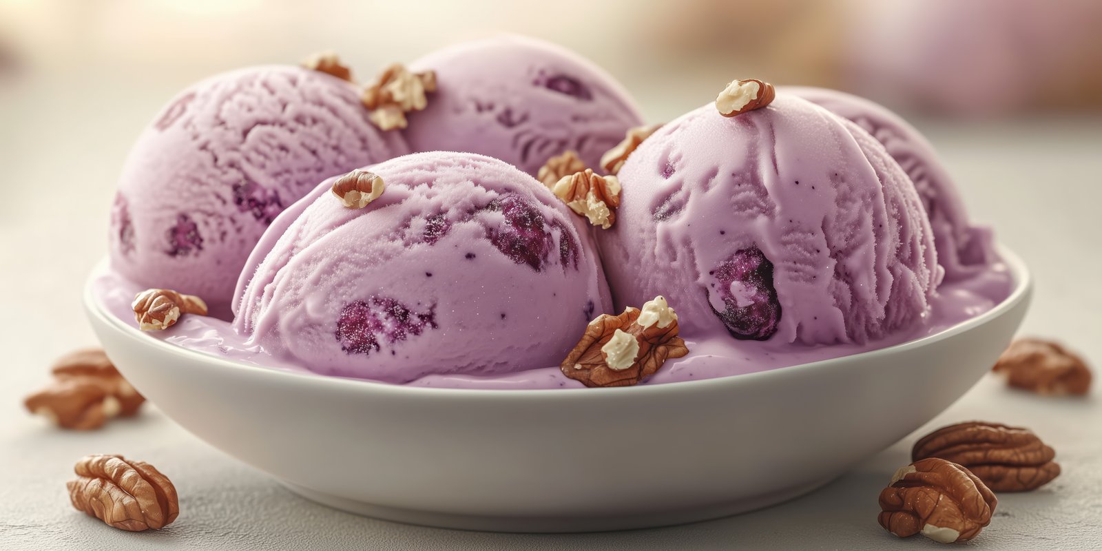 Delicious purple ice cream served in a bowl with nuts on top, perfect for a warm day